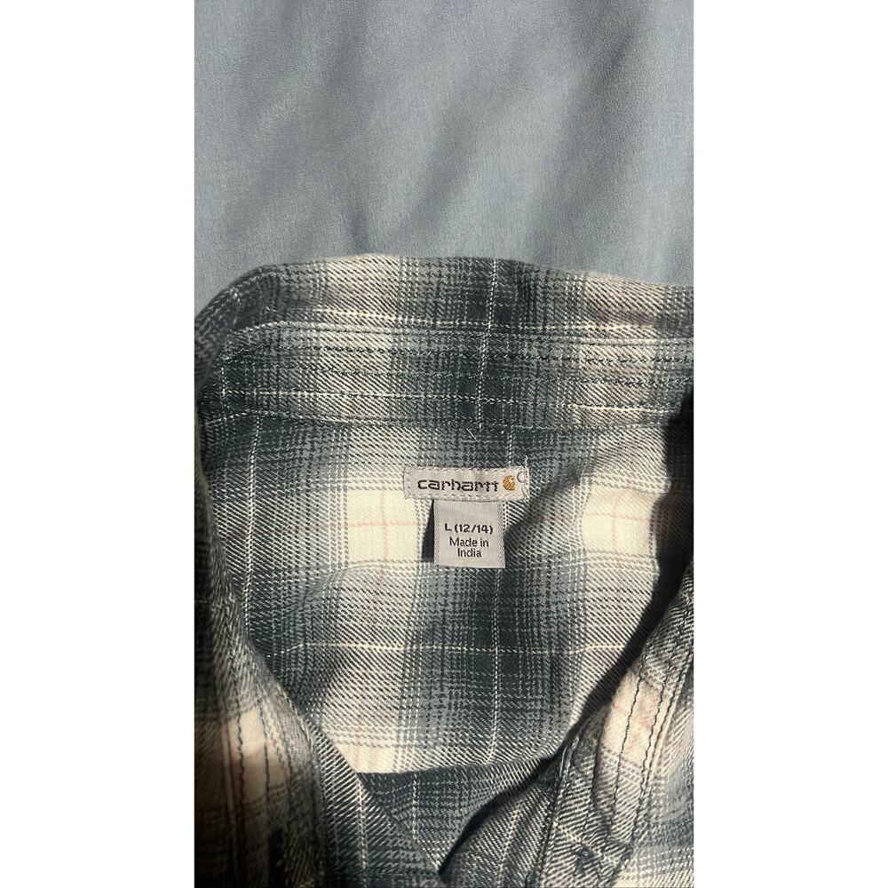 Carhartt Women's Flannel Shirt L 12/14 Blue Gray Plaid Long Sleeve